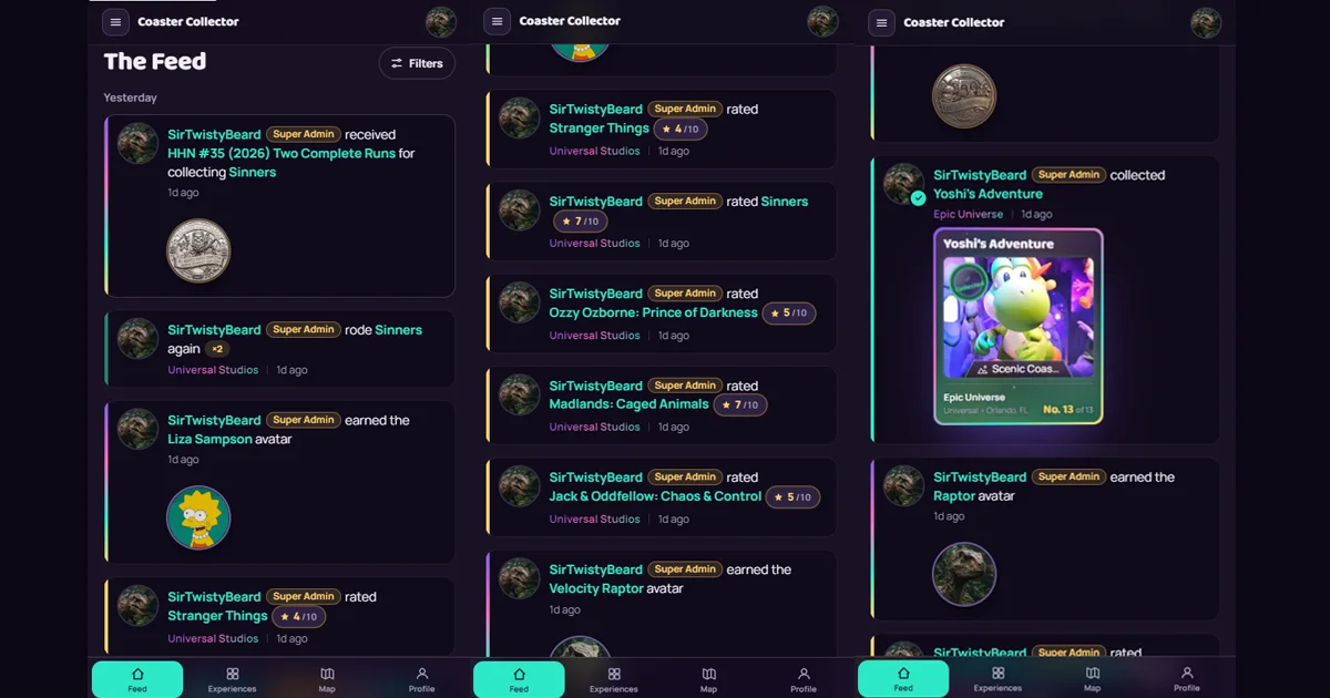 The Feed on a phone, showing a day's rides, a rating and a newly earned badge in order.