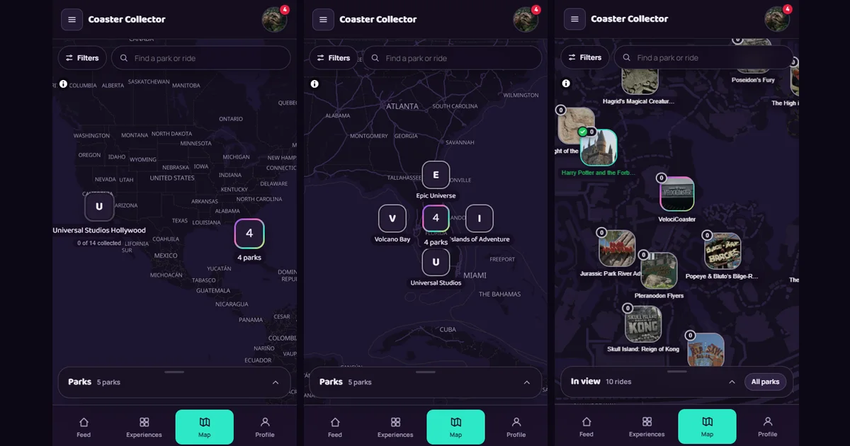 The map zoomed in on one park, showing its rides and how many of them have been collected.