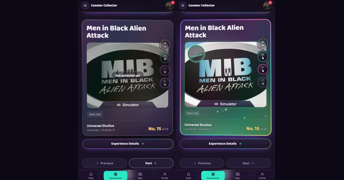 The same ride card before and after logging it, going from silver to holo.
