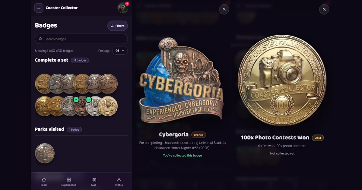The Badges page, with bronze, silver and gold badges, some earned and some still locked.